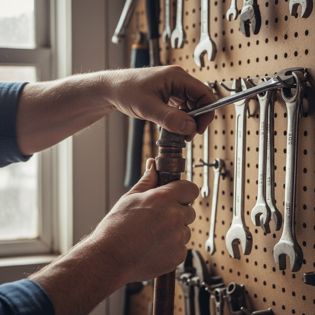 Copper pipe fittings and elbows arranged on a workbench, warm workshop lighting