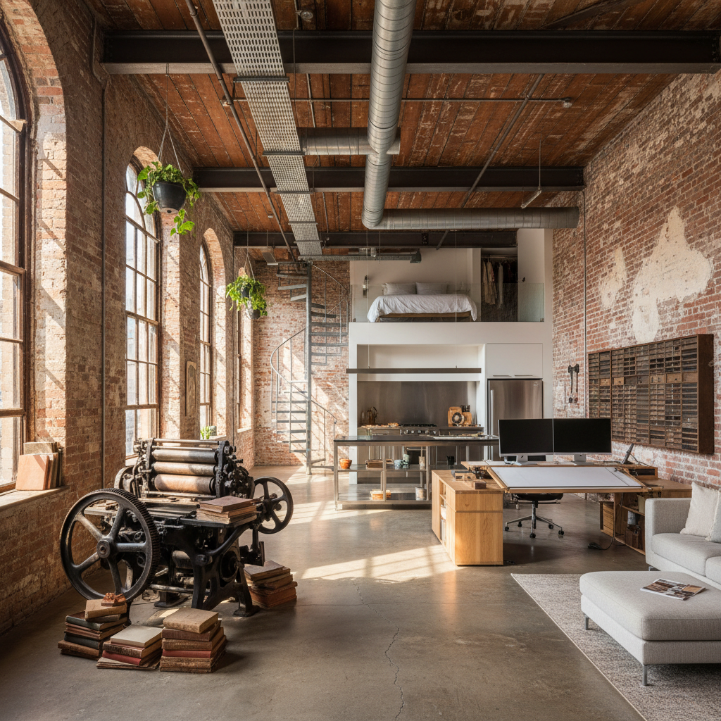 Former print shop converted to live/work space with industrial details