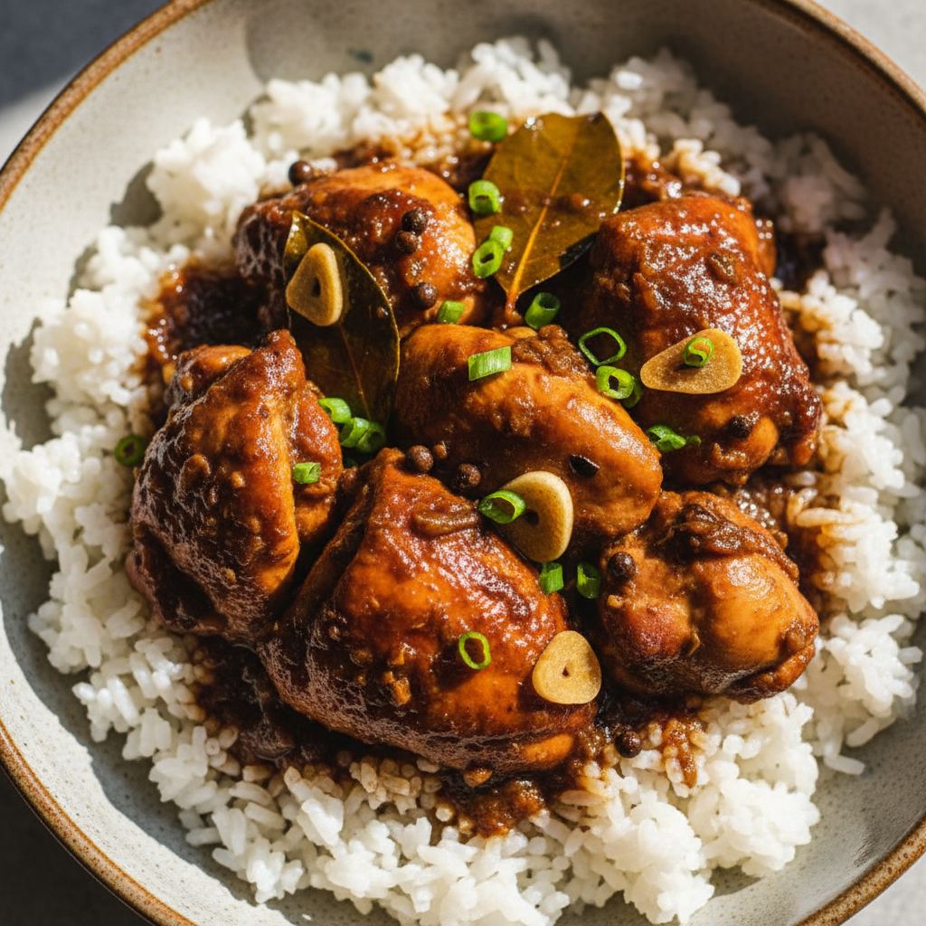 Chicken adobo rice meal with tender braised chicken in dark savory sauce over steamed white rice