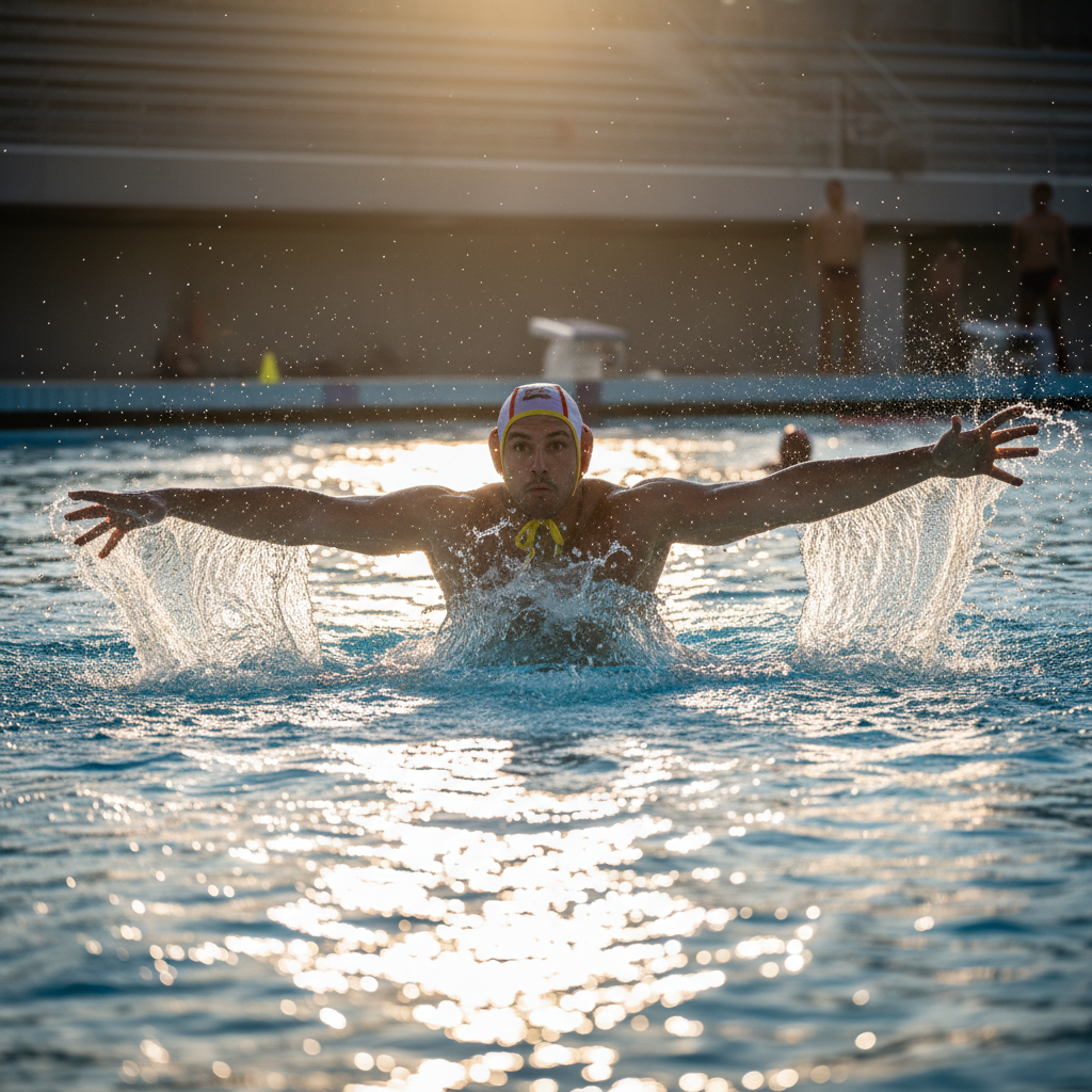 Water polo goalkeeper stretching mid-block, arms fully extended against bright pool water