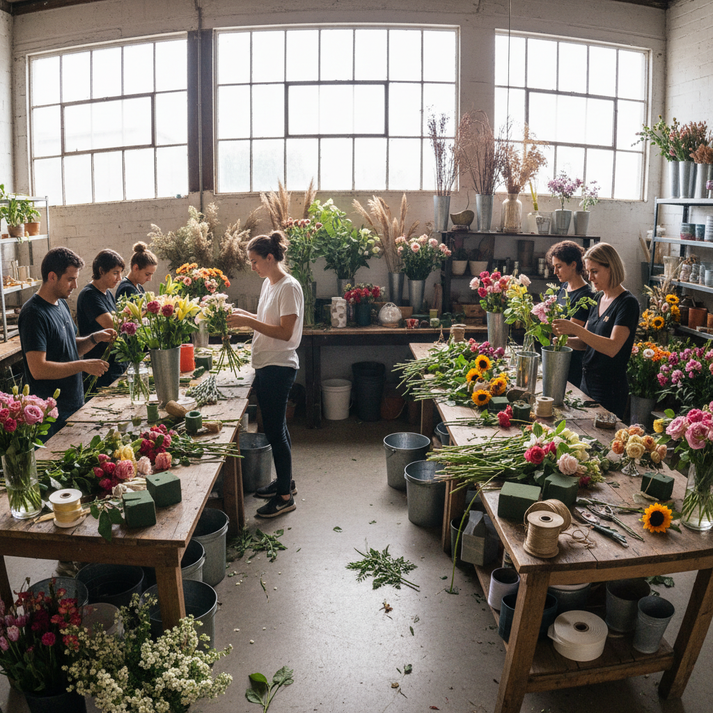 Lush colorful flower arrangements in bright florist shop, white walls, natural sunlight