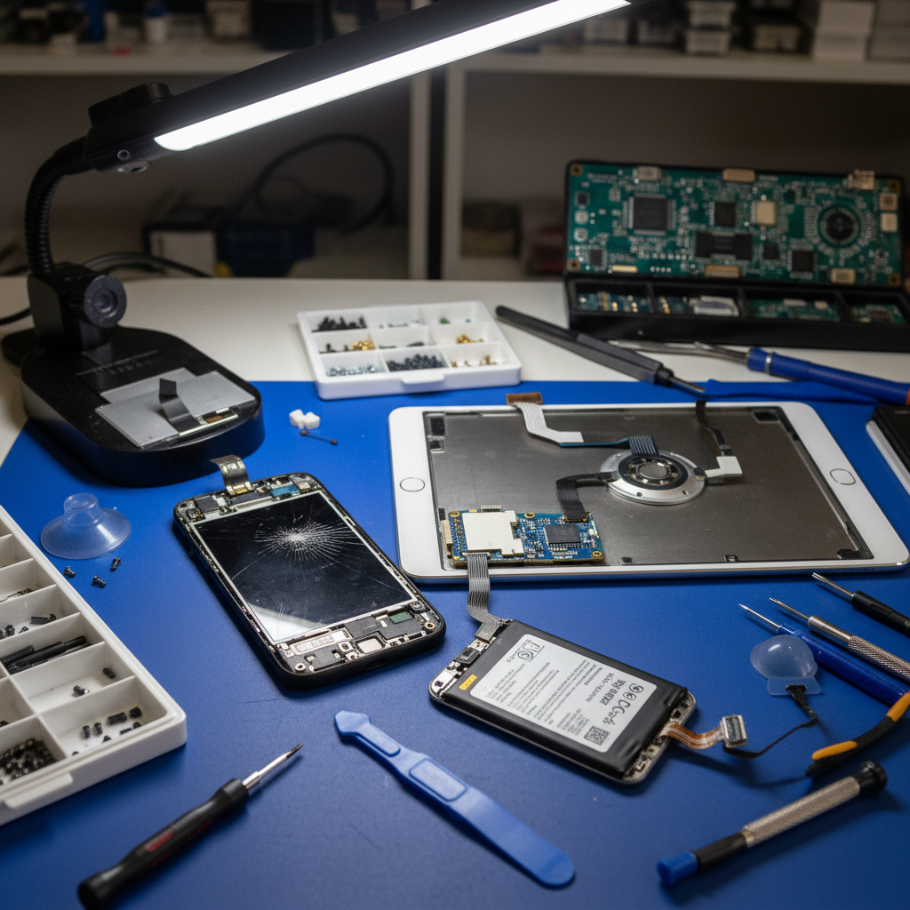 Tech repair shop interior with bright LED lighting showing tools and smartphones on workbench