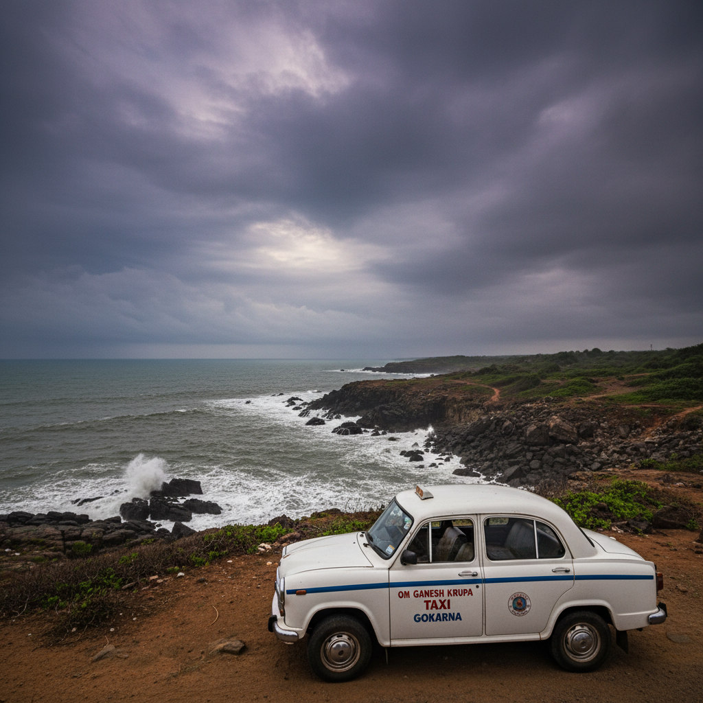Coastal Karnataka scenic landscape — Om Ganesh Krupa Taxi Gokarna, dark moody sky deep shadows
