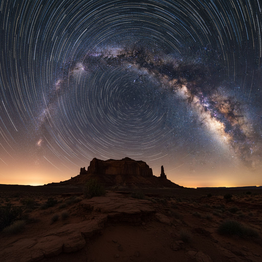 Camera on tripod under Milky Way, astrophotography setup in dark desert, star trails visible, long exposure