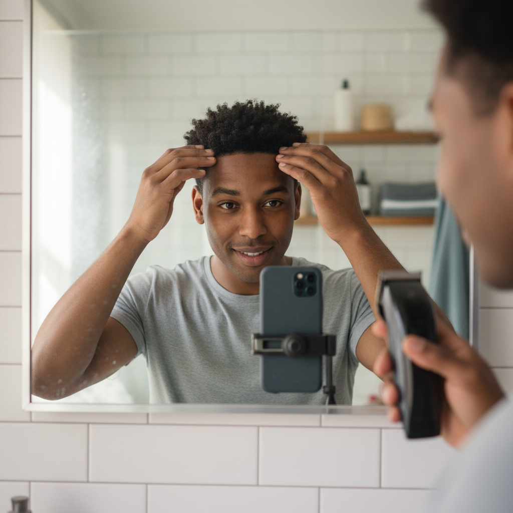 Man at home with phone propped on bathroom mirror, fresh lineup visible, clippers in hand