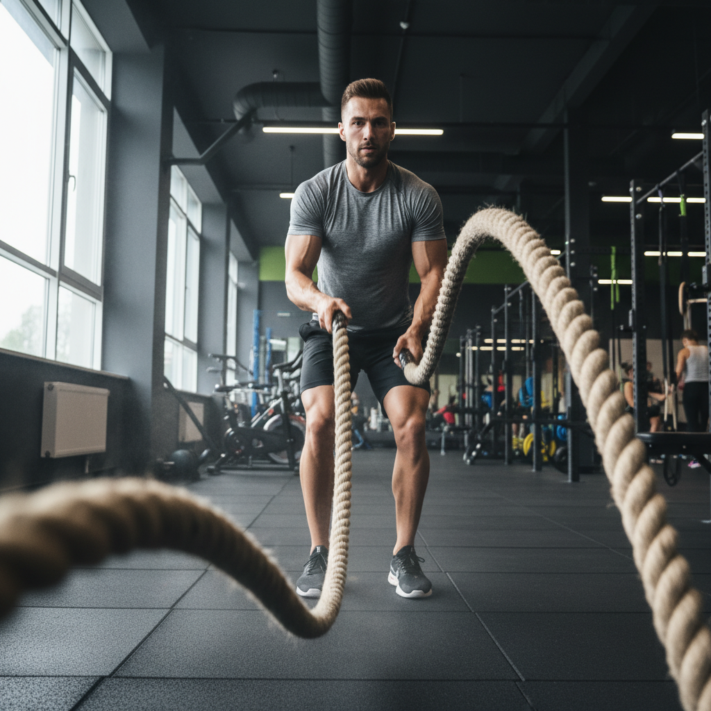 Athlete performing intense training session, battle ropes workout, power and endurance