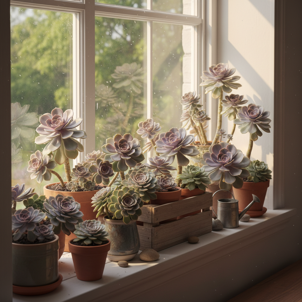 Maya's echeveria rosette collection on an east-facing windowsill