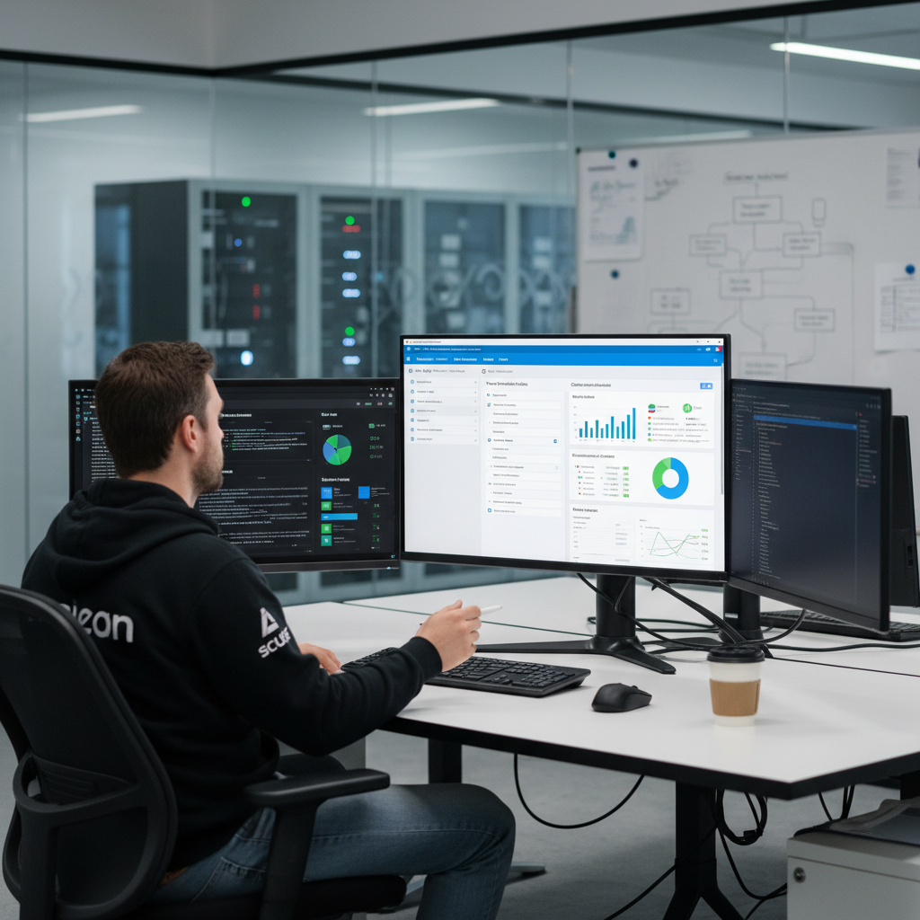 Cloud security engineer reviewing AWS and Azure configuration dashboards showing IAM policies and security group settings