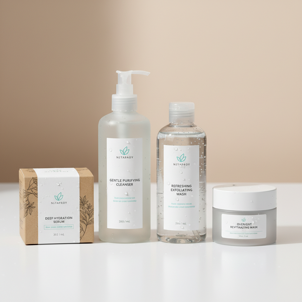 Complete skincare routine set with cleanser toner serum and moisturizer on pink background