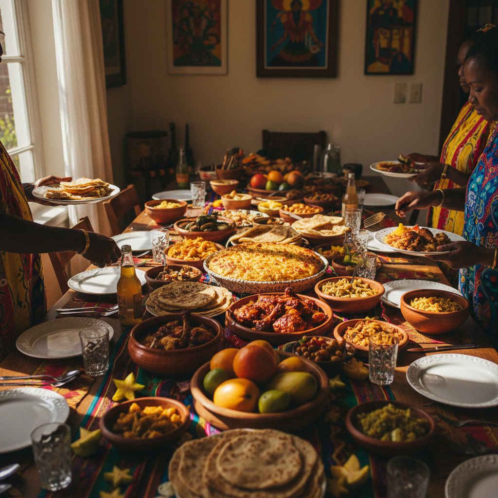 Grote tafel met pom, roti en kip voor keti koti viering