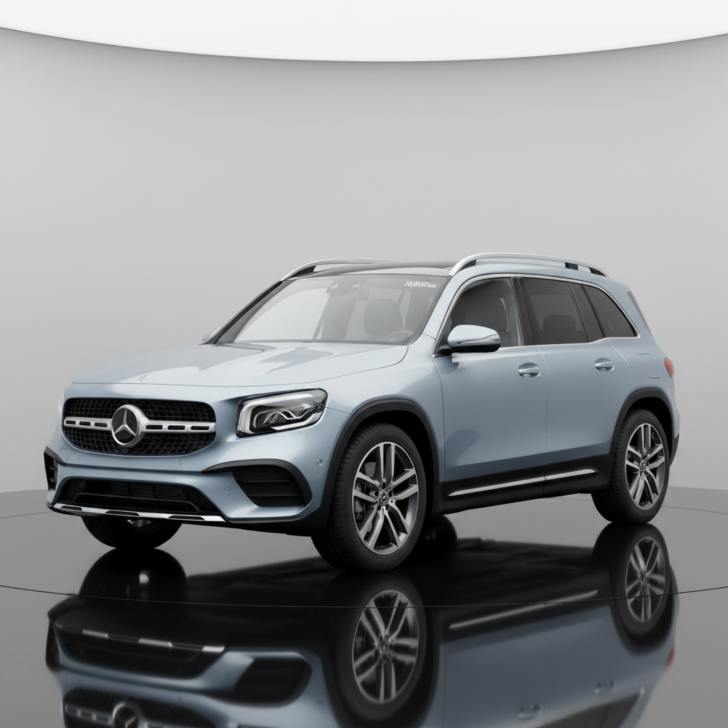 Silver Mercedes SUV in showroom, bright studio lighting, clean white background