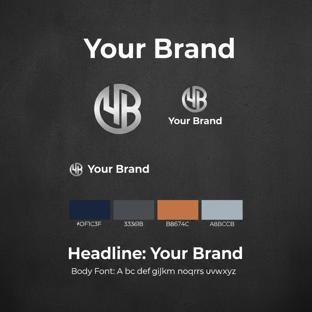 Brand identity system components laid out on dark surface including logo variations, color swatches, and typography specimens