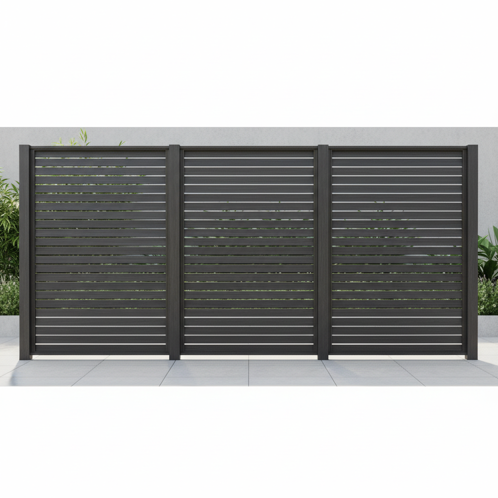 Outdoor privacy screen system with architectural louvered panels