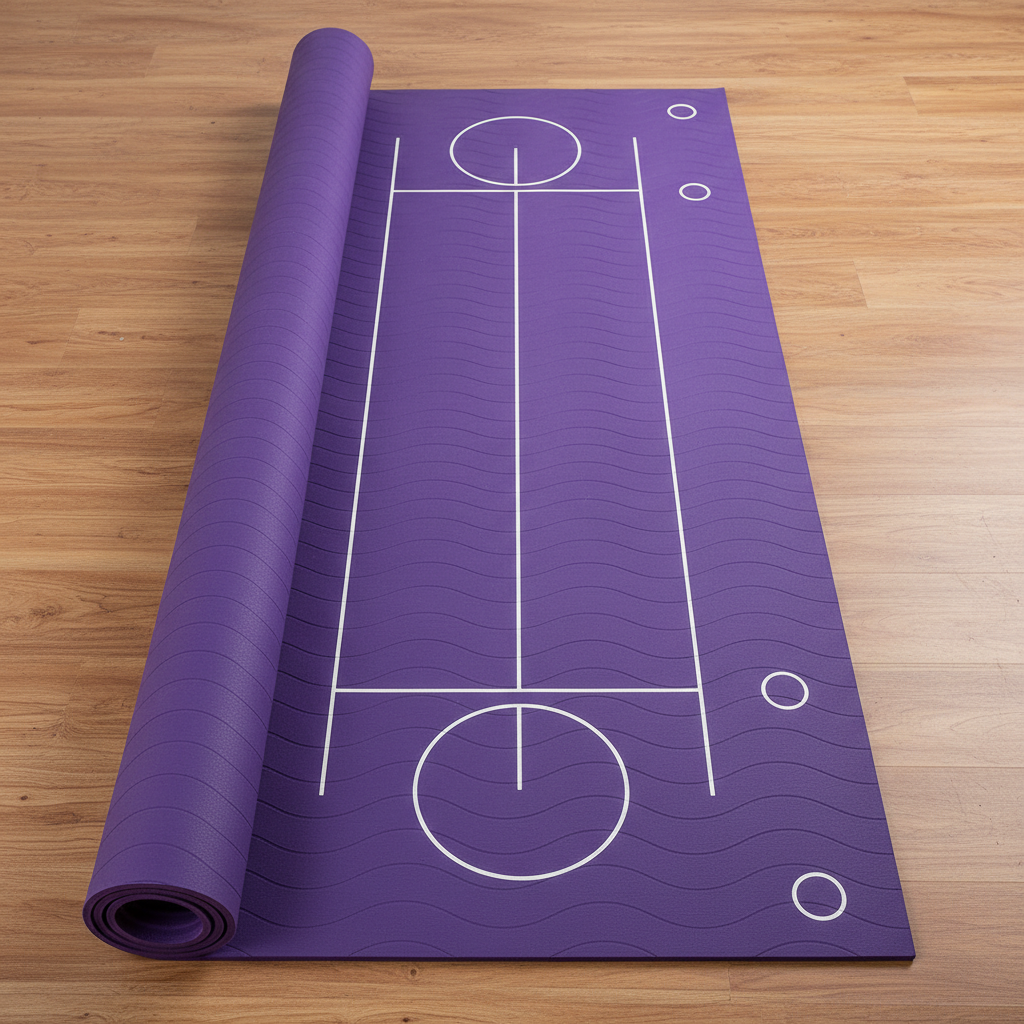 Purple rolled yoga mat on wooden floor with plants in background