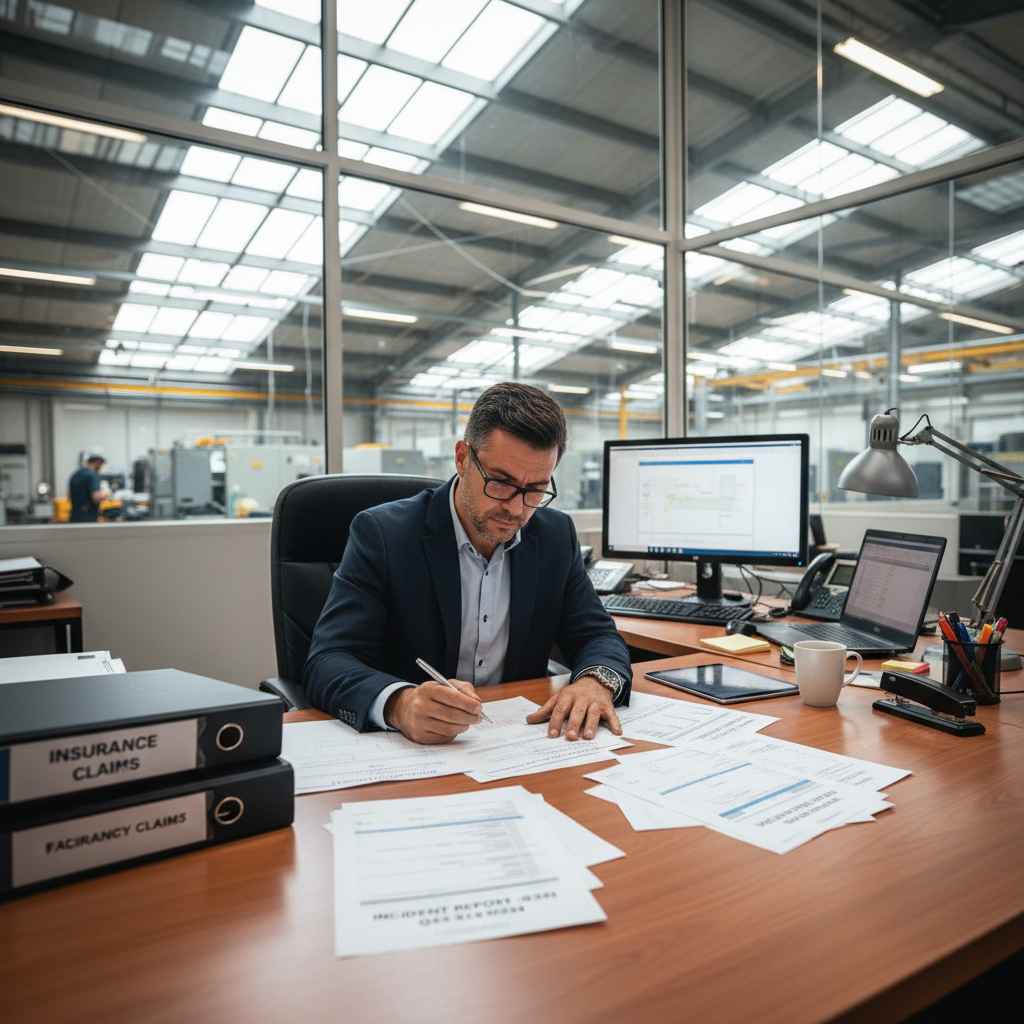 Safety manager reviewing incident reports and insurance documents at facility desk