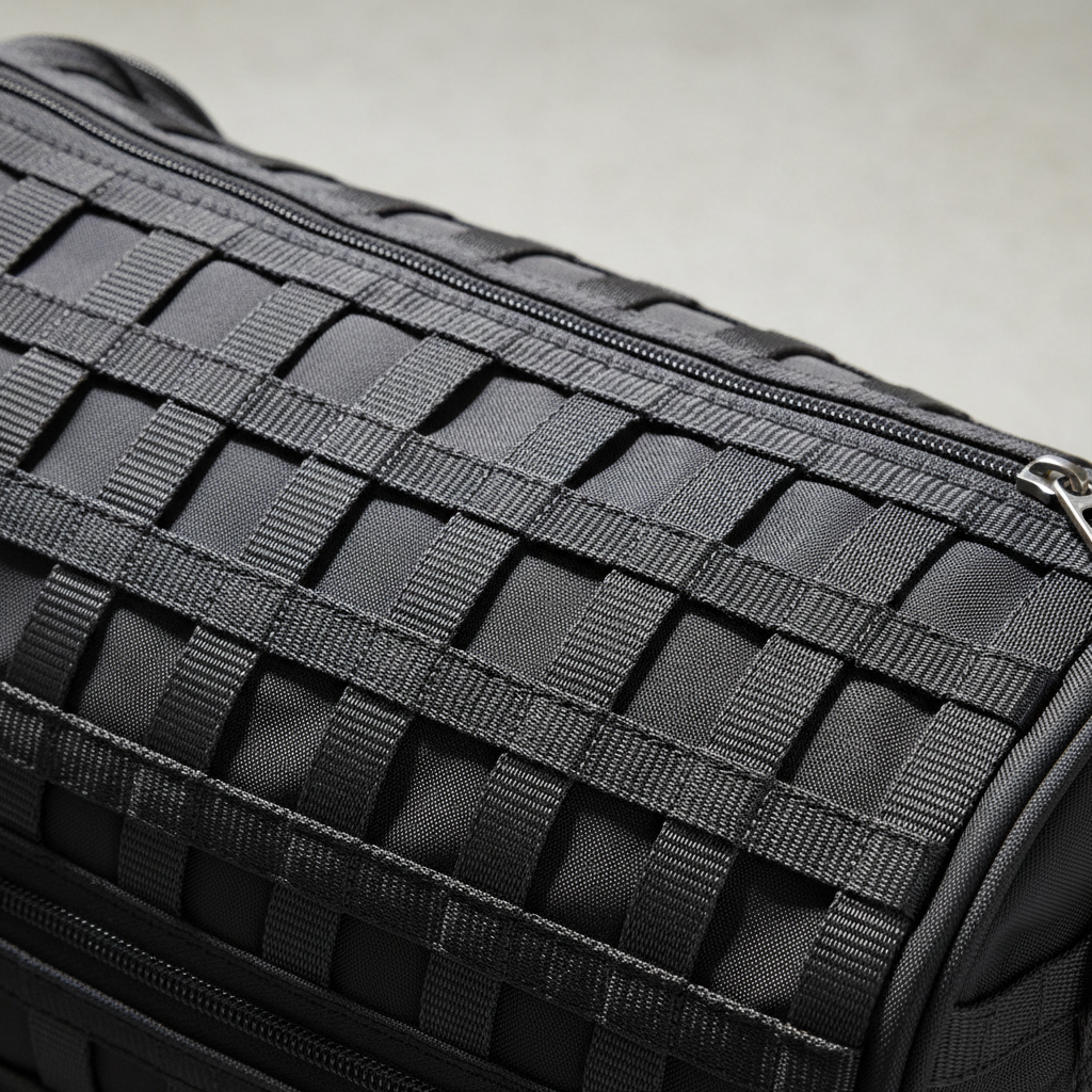 Extreme close-up of ripstop nylon weave pattern on gym bag, showing interlocking grid of reinforced fibers in dark studio lighting