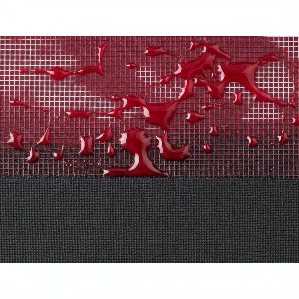 Close-up of screen printing process with red ink bleeding through mesh onto black cotton fabric