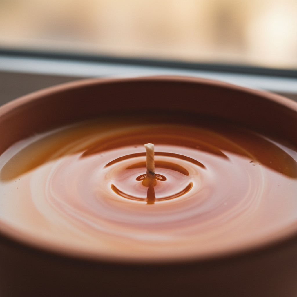 Close-up of a hand-poured candle wax pool mid-burn with terracotta and amber tones