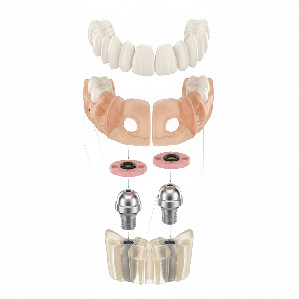 Cross-sectional diagram comparing a conventional full denture resting on the edentulous ridge versus an implant-retained overdenture snapping onto four implant attachments