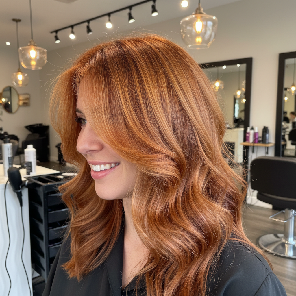 Elegant salon hair transformation with warm lighting, professional blowout on dark hair, glossy finish