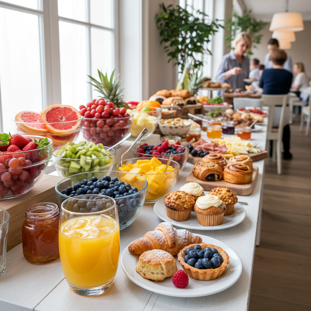 Bright and colorful brunch spread with fresh fruits, pastries, and elegant table settings