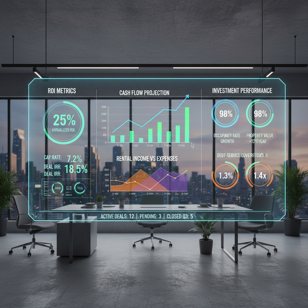 Real estate investment property with financial analysis charts on bright screen