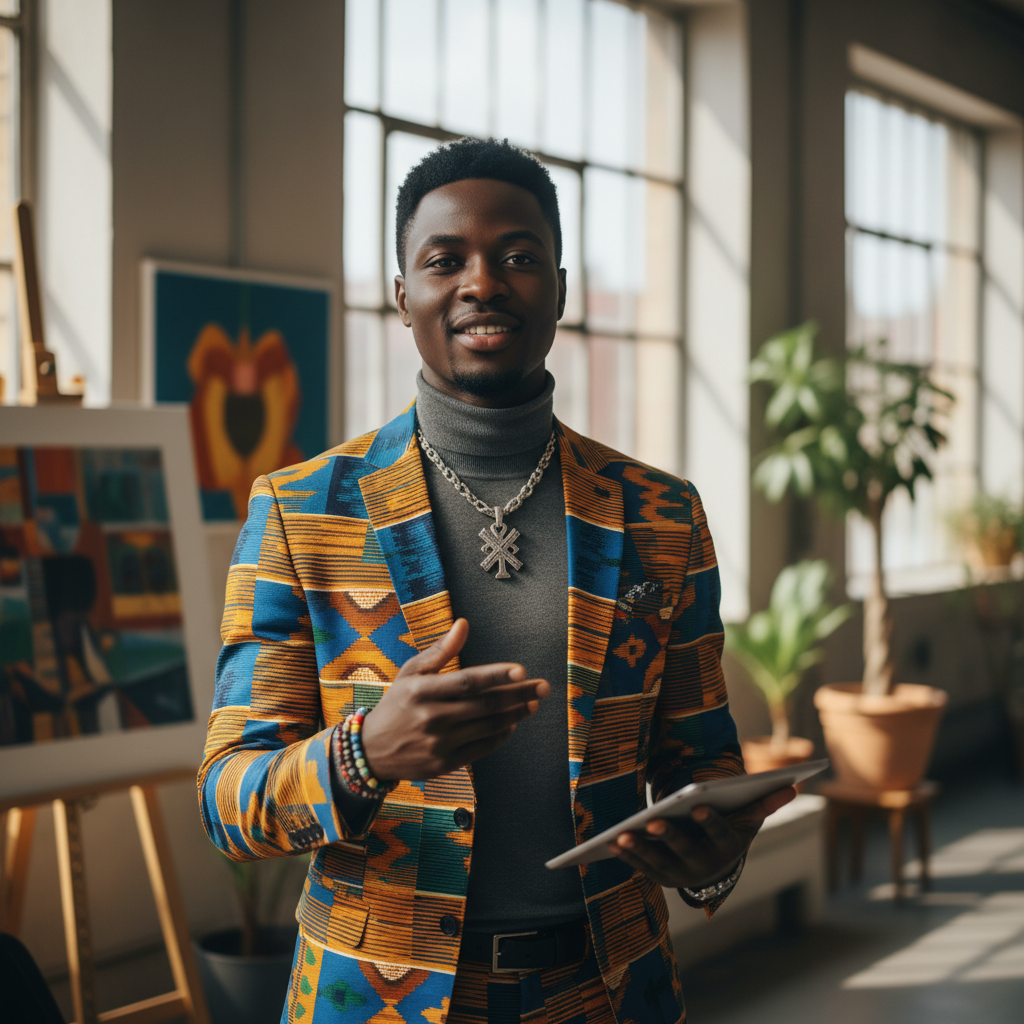 Ghanaian man in stylish clothing with creative entrepreneur energy