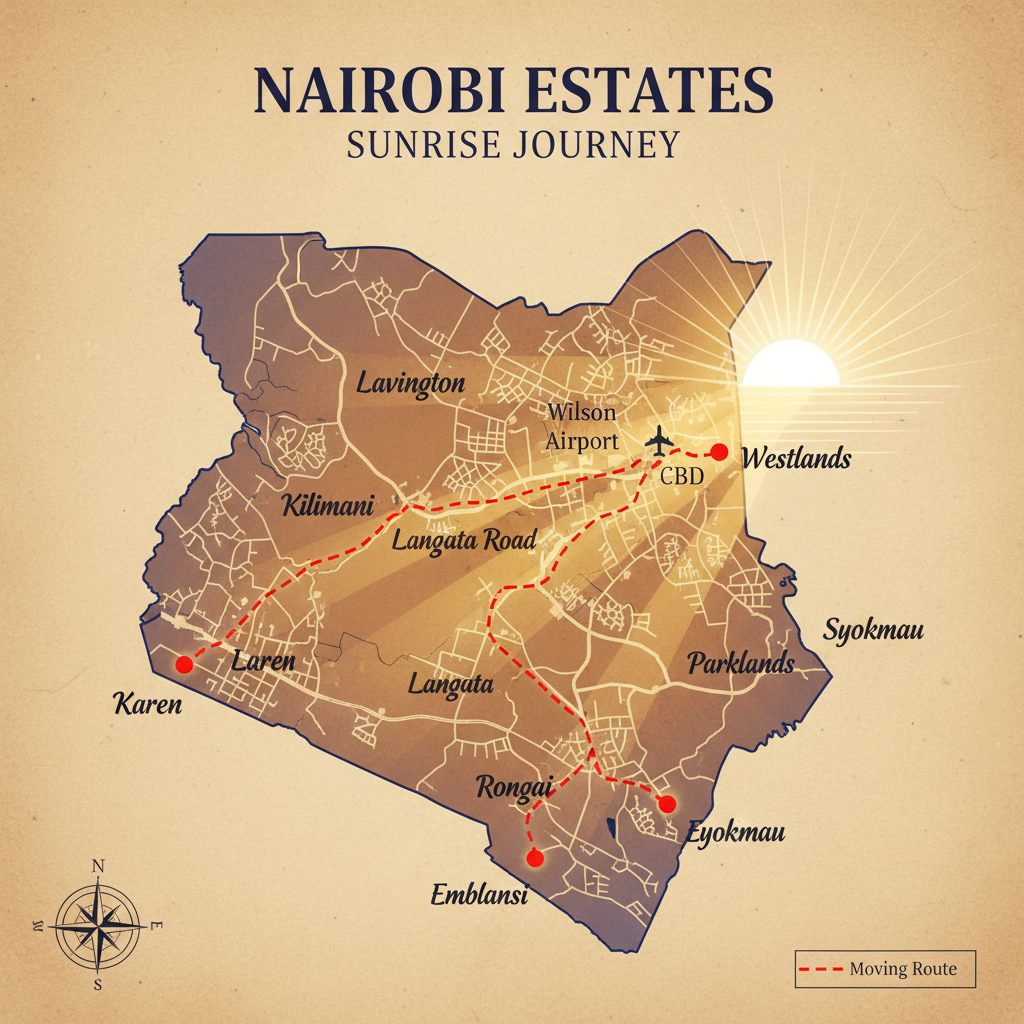 Map of Nairobi estates with moving route marked through Langata Road at sunrise