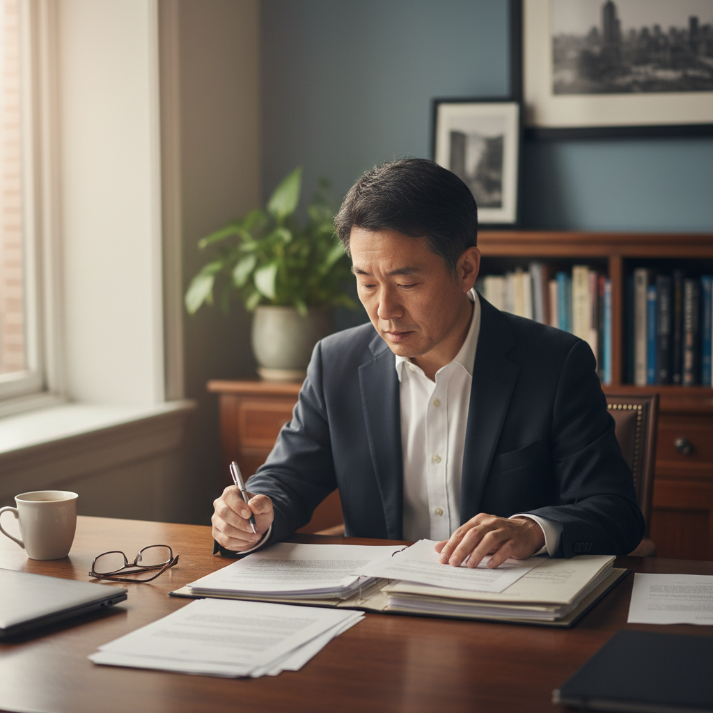 Kenji Tanaka, Japanese American man in his 40s, reviewing documents at a desk in a daycare office