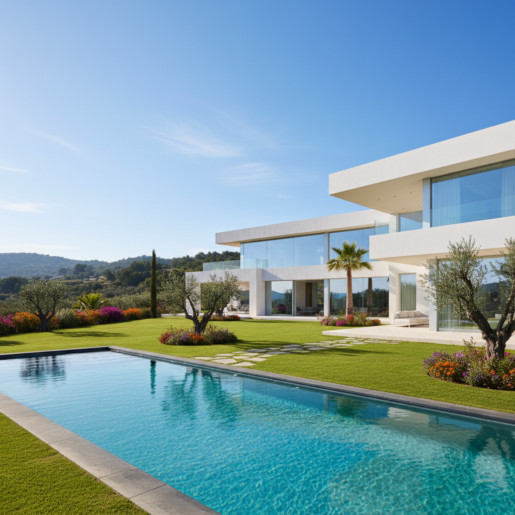Modern white villa with large terrace and garden pool, Mijas Costa hillside, blue sky and Mediterranean view