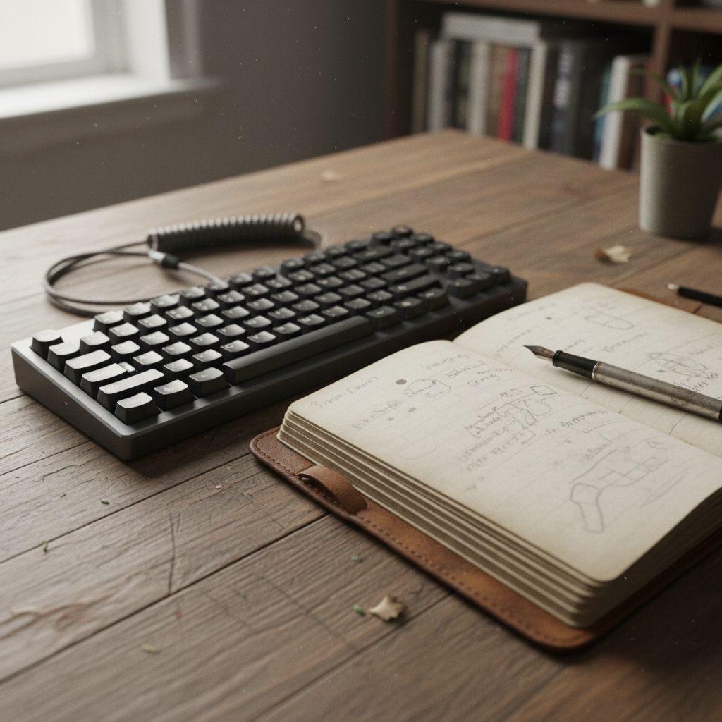 Mechanical keyboard and worn notebook side by side on a wooden desk, showing the physical tools of the design process
