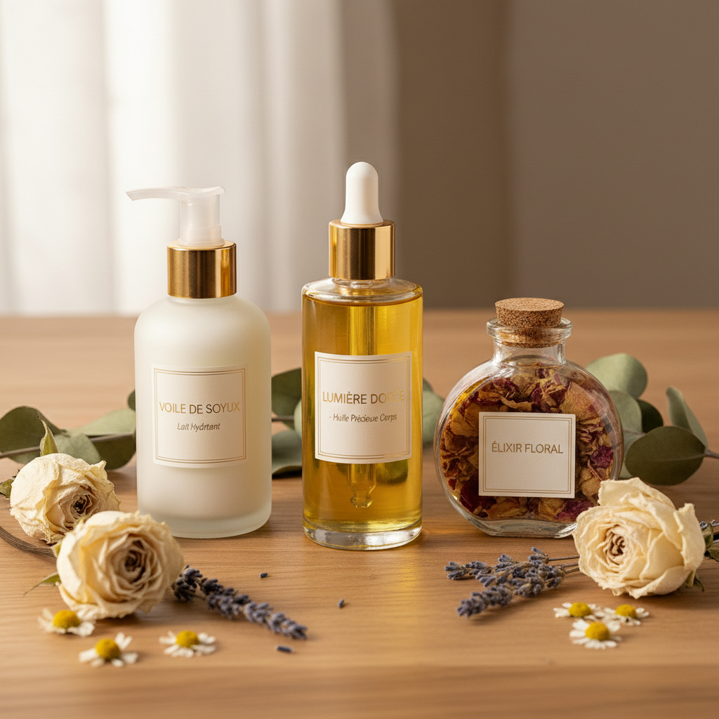 Natural bath and body products with flowers and herbs, wellness spa aesthetic