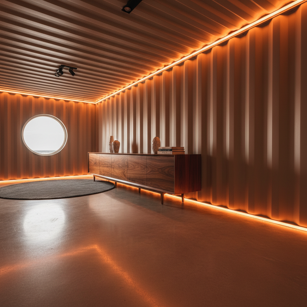 Staged container interior with warm amber light on polished concrete floors, walnut credenza, and porthole window