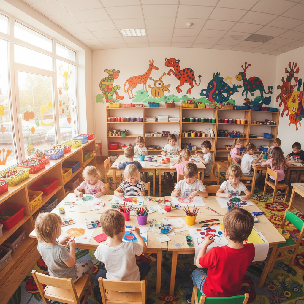Children playing in a brightly decorated supervised playroom with art supplies