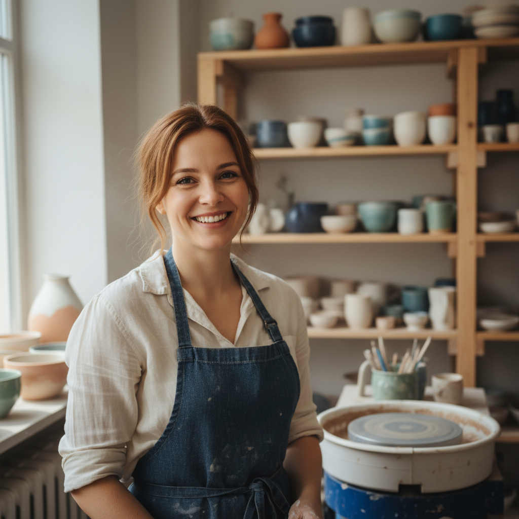 Yuki Tanaka, ceramics teacher smiling in her studio with shelves of pottery behind her