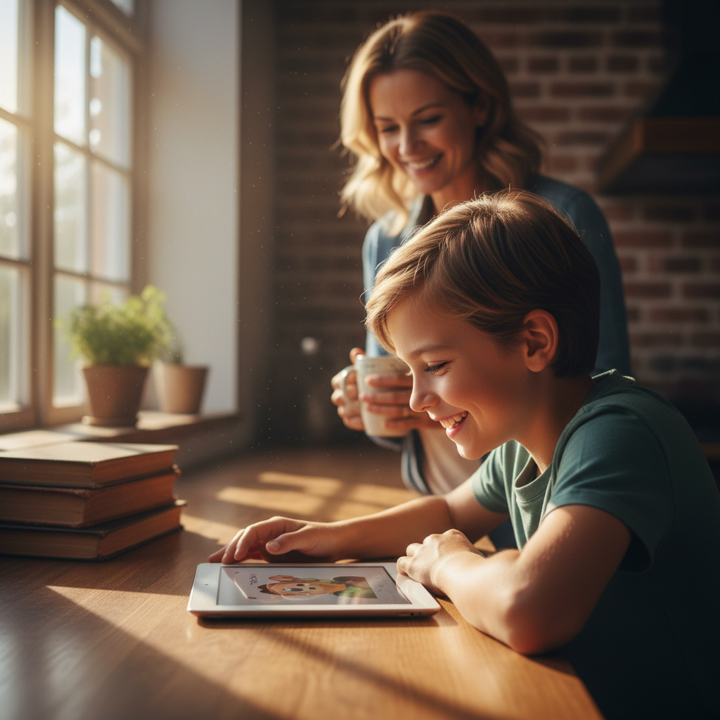 Parent holding phone over child handwriting sample on paper, bright natural light, warm kitchen setting