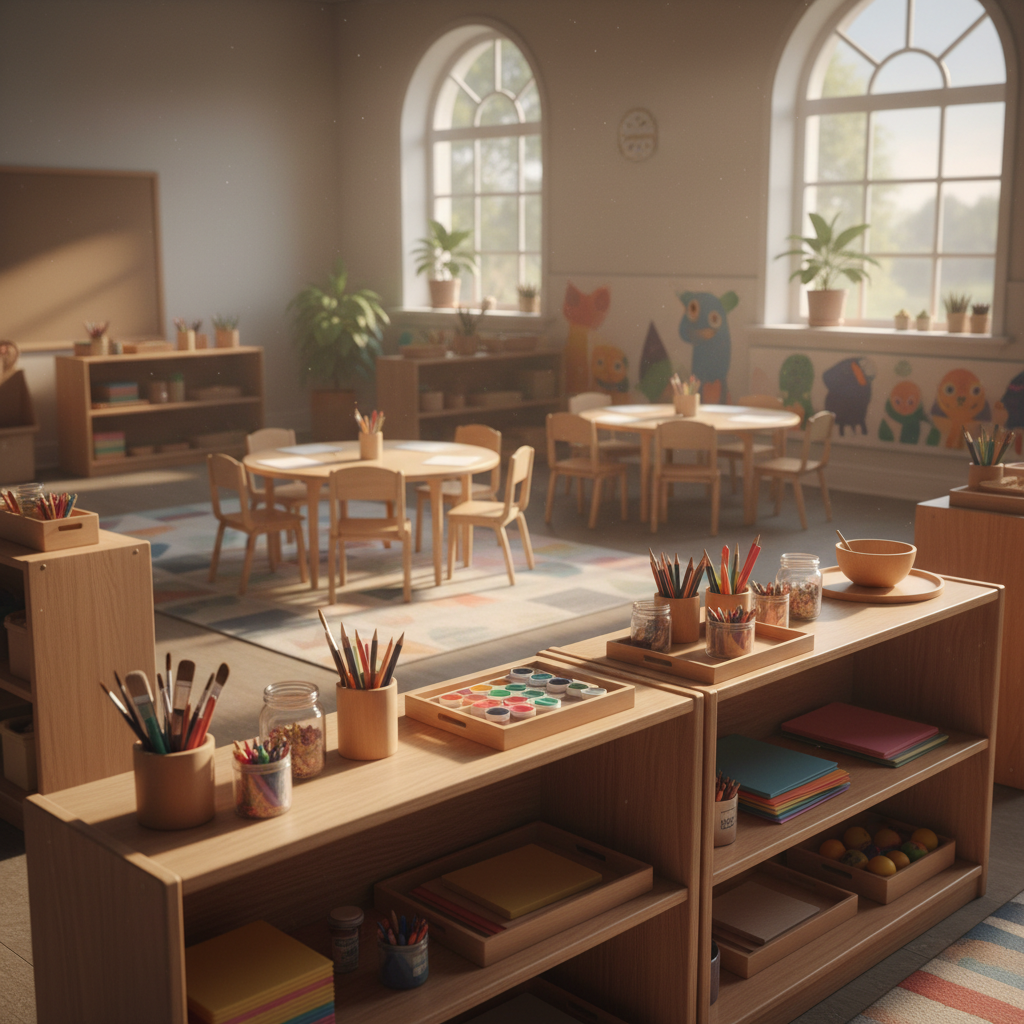 Warm sunlit classroom with low wooden shelves, art supplies, and small chairs arranged in a circle