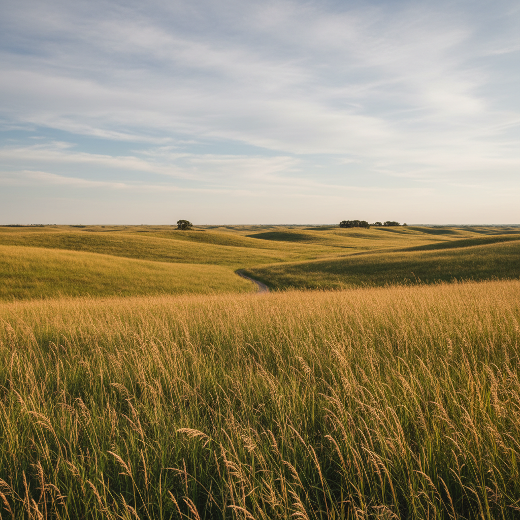 Wide open tallgrass prairie under a vast sky with rolling hills stretching to the horizon in the Flint Hills