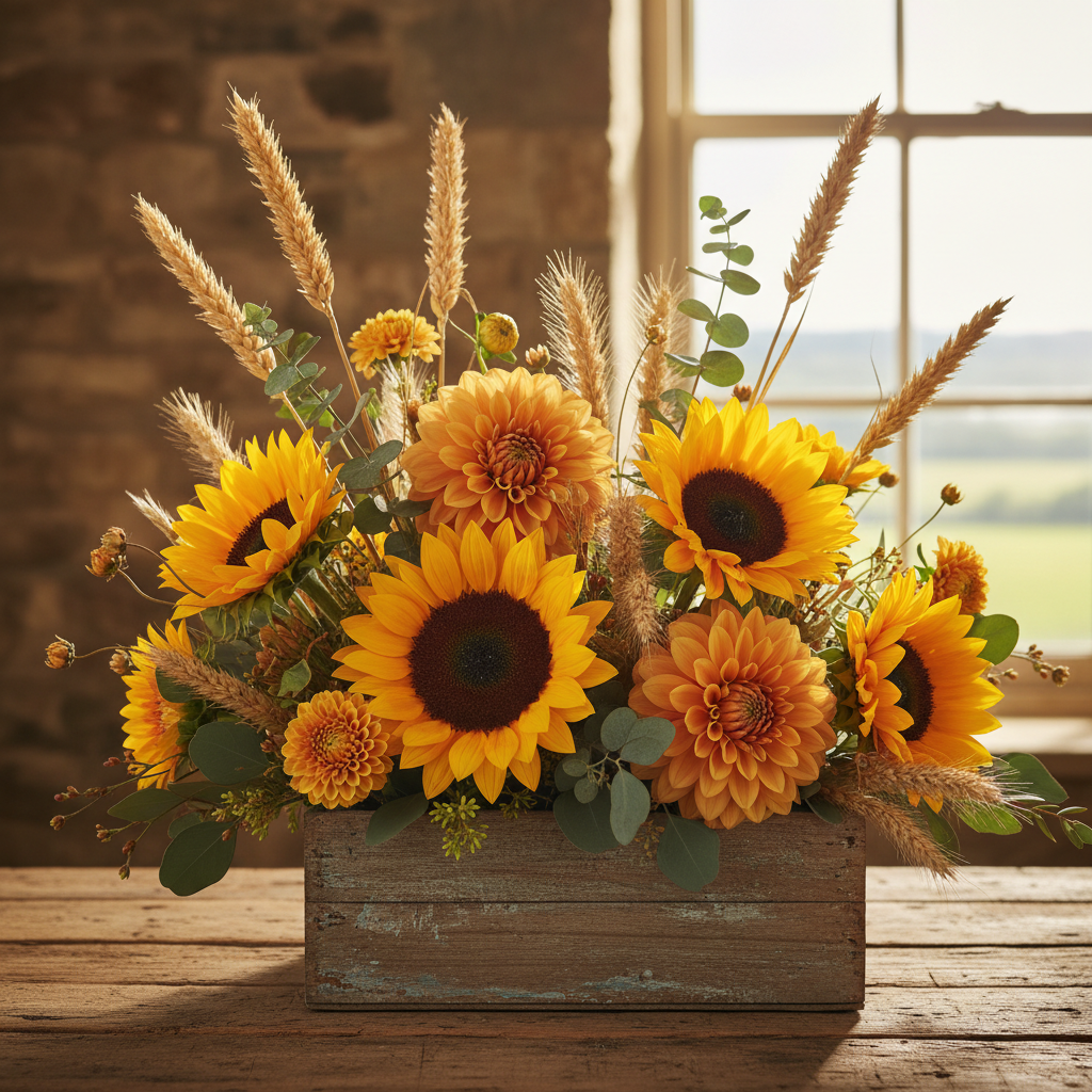 Rustic wooden box centerpiece with wildflowers and seasonal blooms