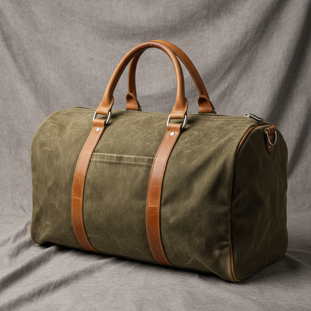 Distressed canvas weekender bag with chrome D-rings and worn leather handles