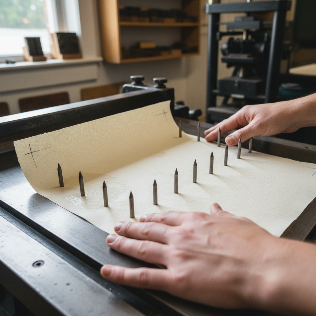 Registration pins on press bed with dampened cotton rag paper being positioned, corner marks visible