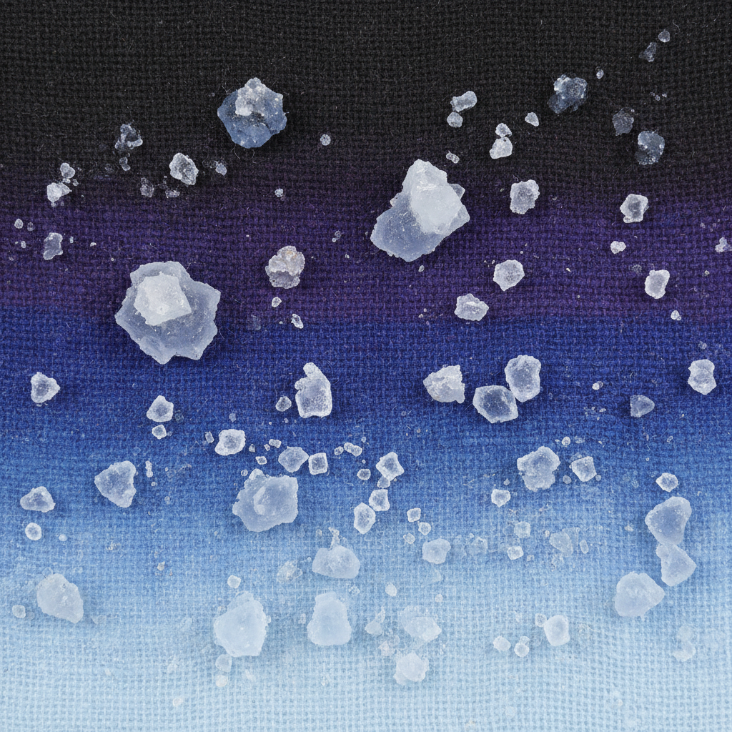 Deep indigo textile with salt crystal formations woven into the surface, gradating from near-black at the top to pale blue at the base