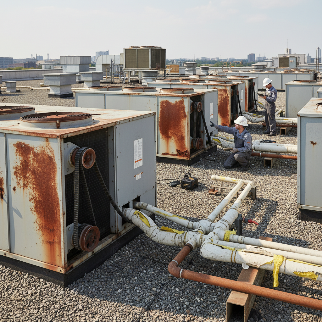 Rooftop HVAC units on commercial building with visible rust, worn belts, and aging refrigerant lines under inspection