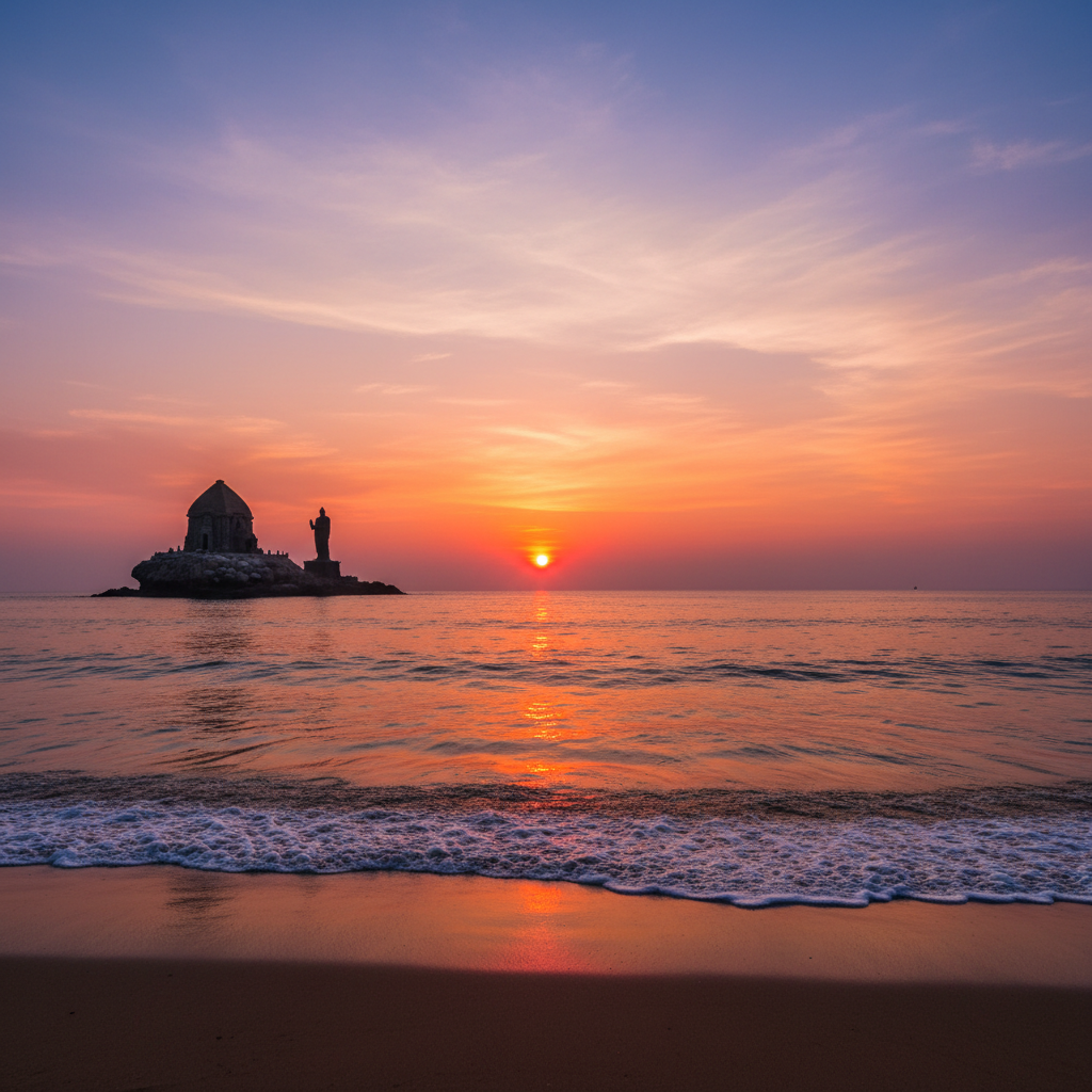 Kanyakumari beach at sunrise, Vivekananda Rock Memorial silhouette, colorful sky over Bay of Bengal