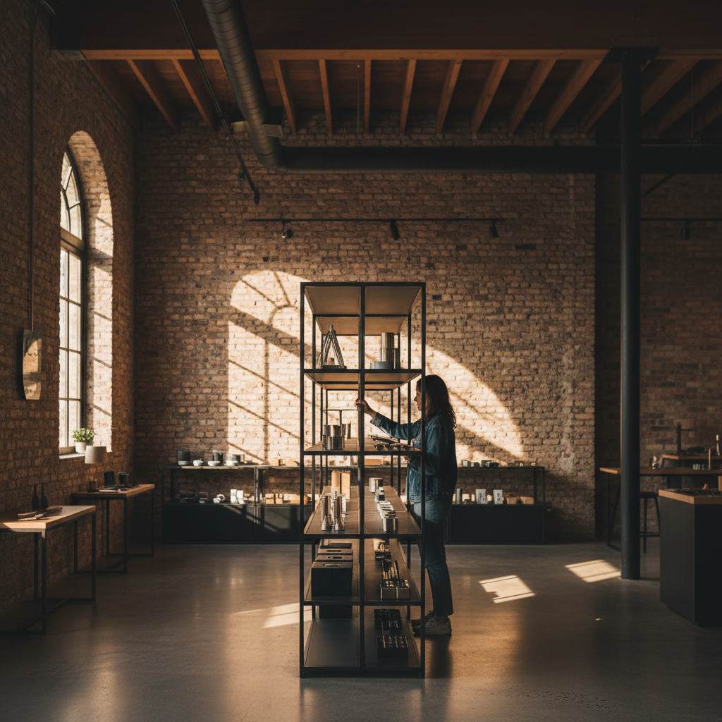 Completed Shopfit retail interior — customer mid-reach toward blackened steel product display, exposed brick wall with raking afternoon light, raw ceiling beams softly blurred above