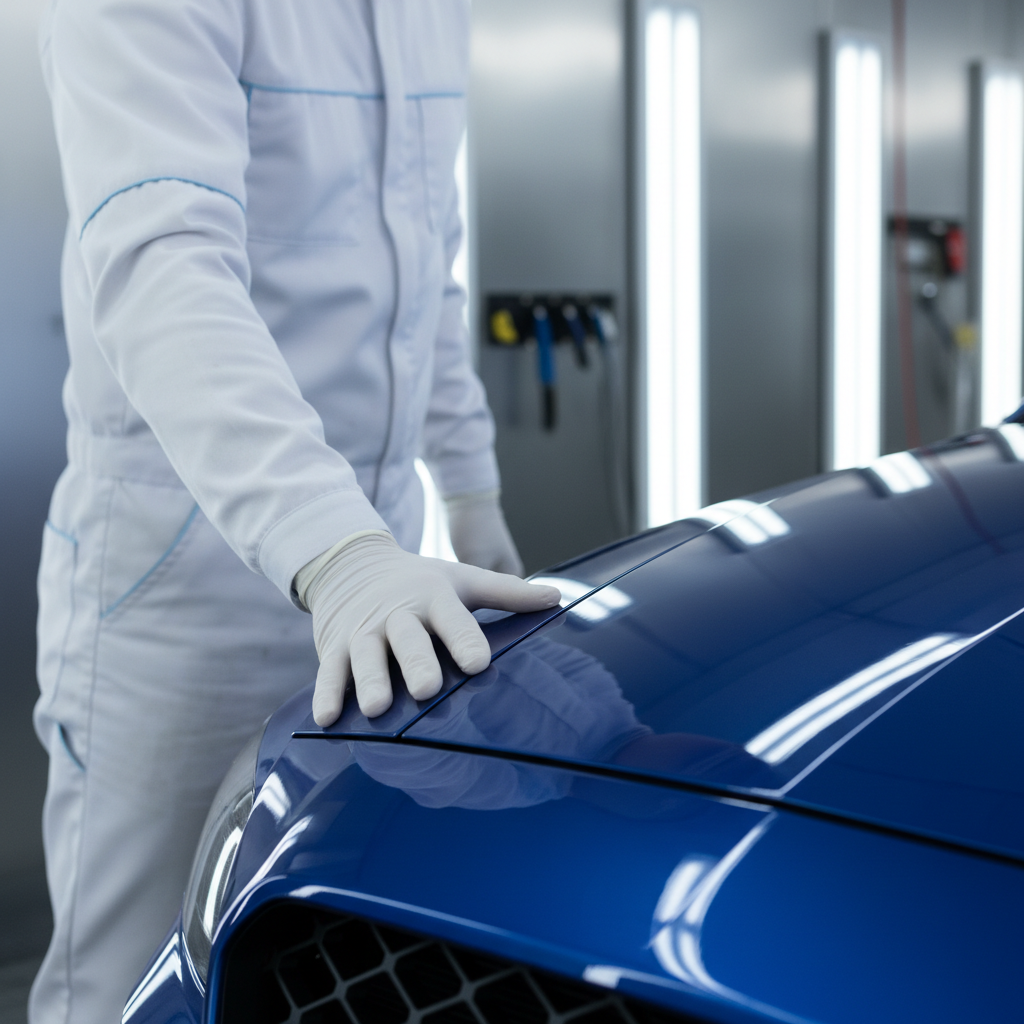 Shield technician in clean uniform running gloved hand along perfectly color-matched fender seam under clinical overhead bay lights