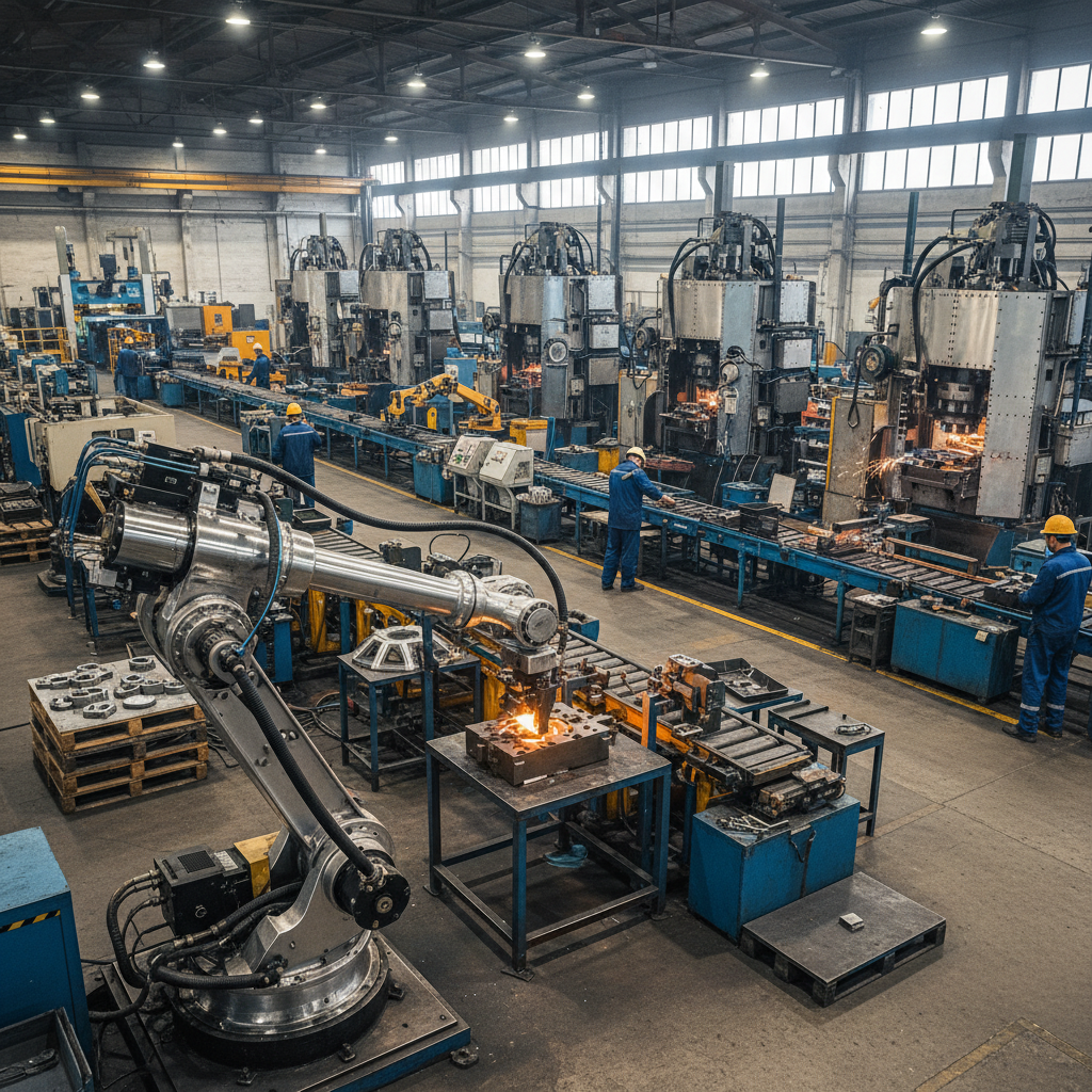 Manufacturing plant floor with machinery and workers in bright industrial environment
