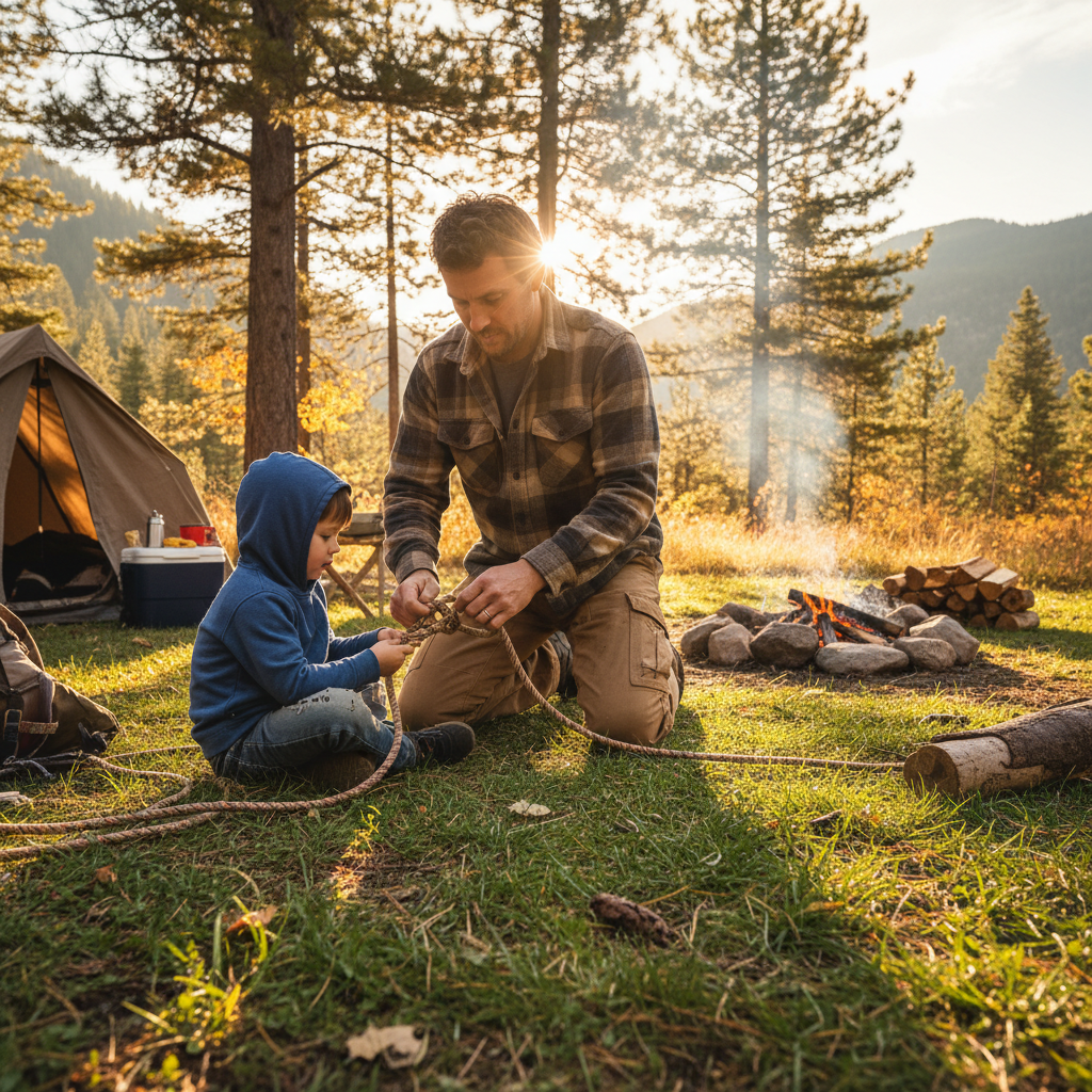 Parent kneeling beside child at campsite tying a knot, golden hour light
