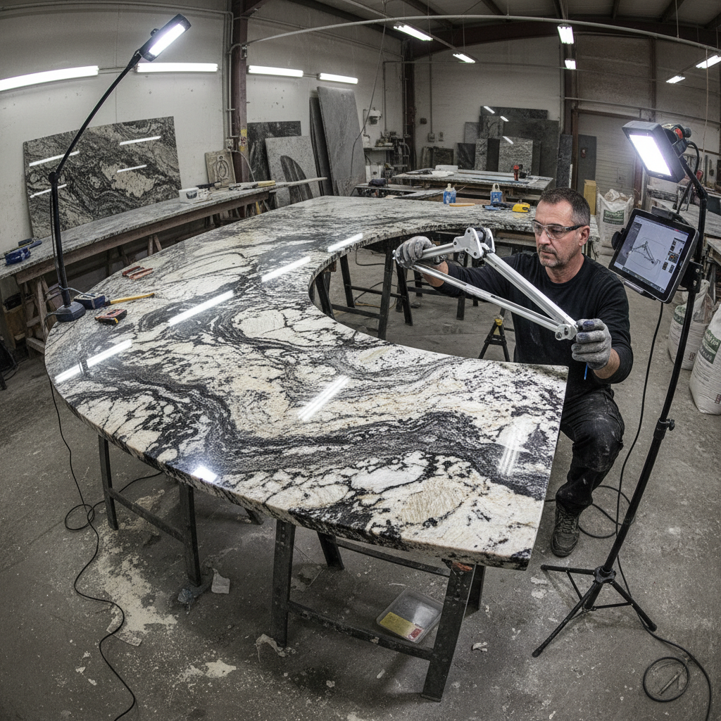 Stone fabricator templating curved bar radius section with digital measuring tool in fabrication workshop