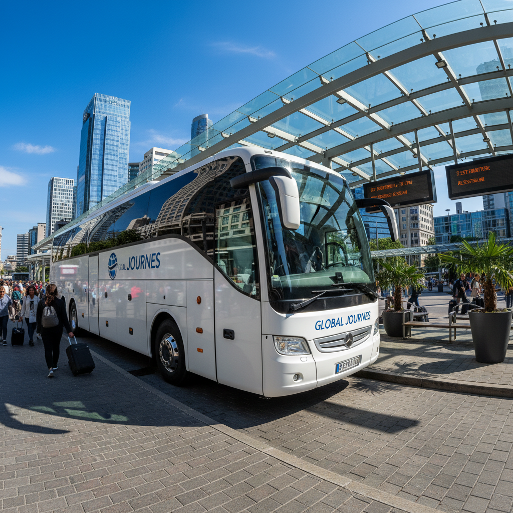 Tour bus service for sightseeing group, passengers on guided tour transportation
